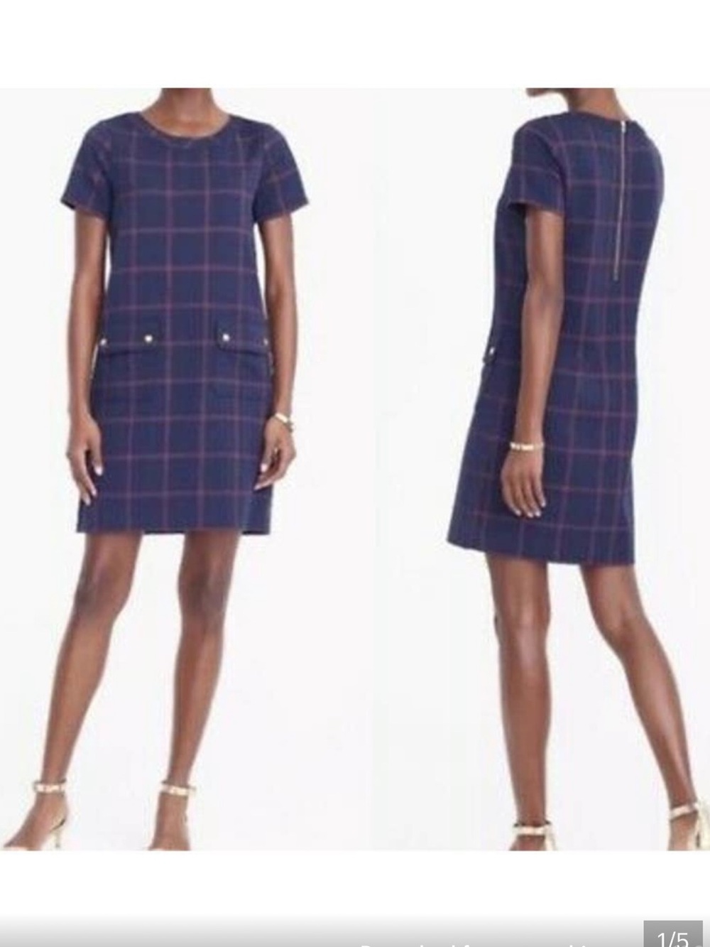 J. Crew Navy and Red Windowpane Shift Dress flop pocket Sz 10